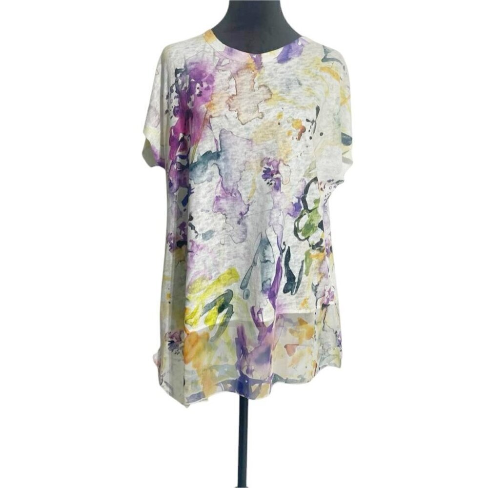 Jess & Jane Size Medium Top Blouse Short Sleeve Floral Abstract Art Watercolor - Picture 1 of 6